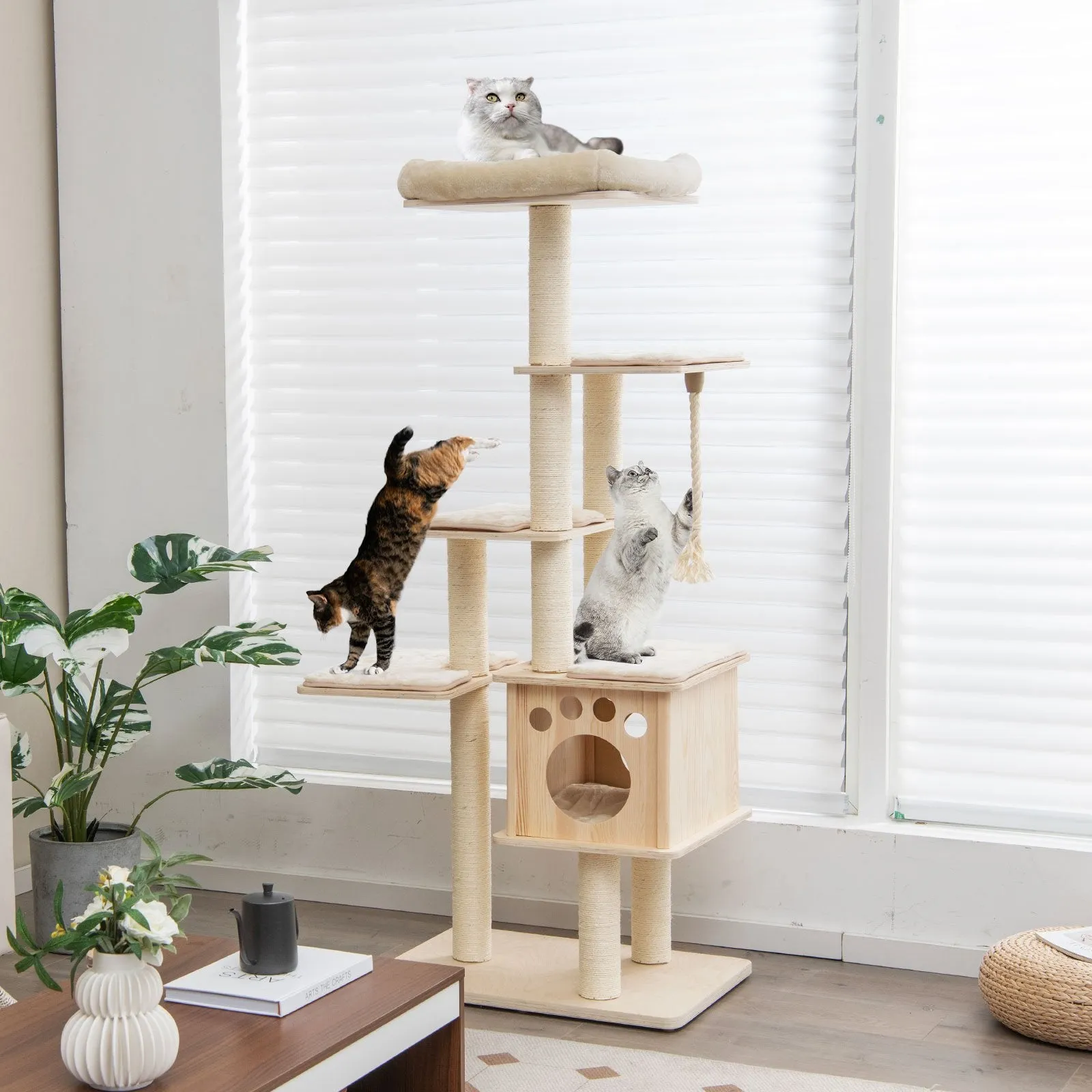 170cm Tall Cat Tree with Scratching Posts Perch Condo and Cushion-Natural