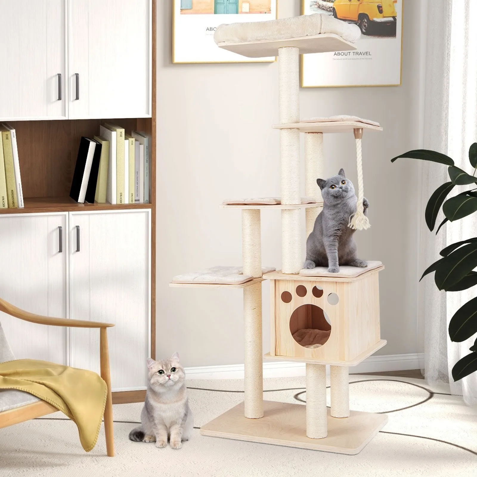 170cm Tall Cat Tree with Scratching Posts Perch Condo and Cushion-Natural