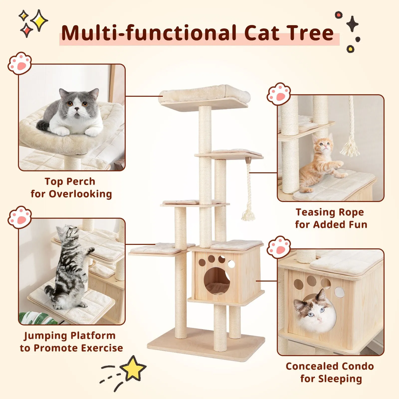 170cm Tall Cat Tree with Scratching Posts Perch Condo and Cushion-Natural