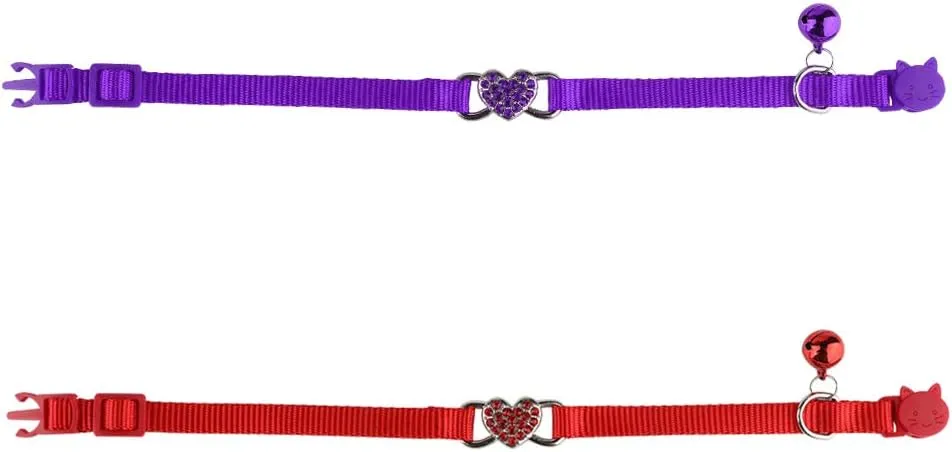2 Pcs Cat Collars Heart Bling Breakaway with Bell Nylon Adjustable for Kitty (red Purple)