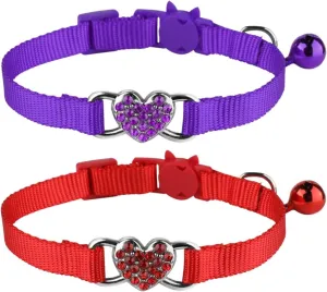 2 Pcs Cat Collars Heart Bling Breakaway with Bell Nylon Adjustable for Kitty (red Purple)
