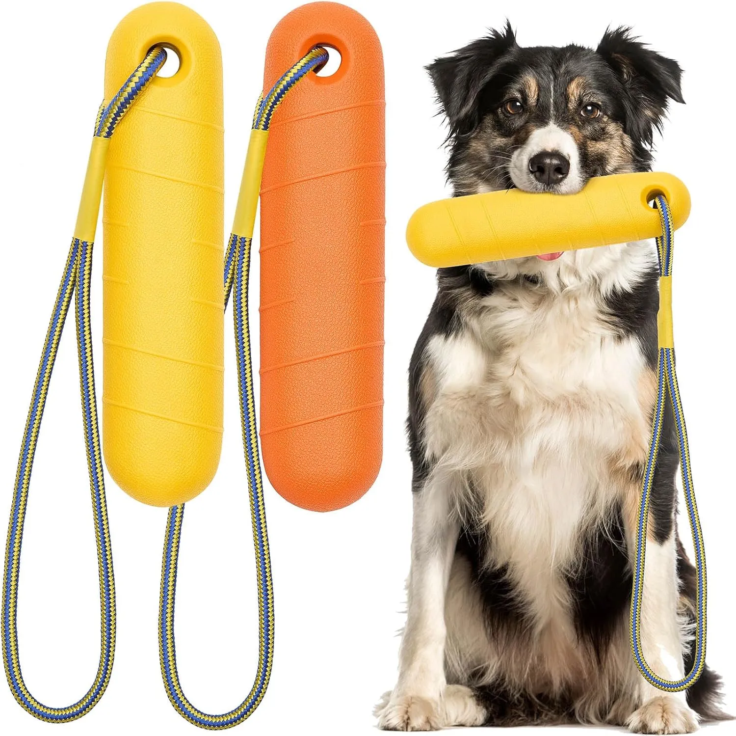 2 Pcs Dog Pool Float Toy with Throw Rope 8.66 x 2 Inch Dog Bumpers for Water Retrieving Puppy Training Chew Toys for Hunting Training Pool Outdoor (Yellow, Orange)
