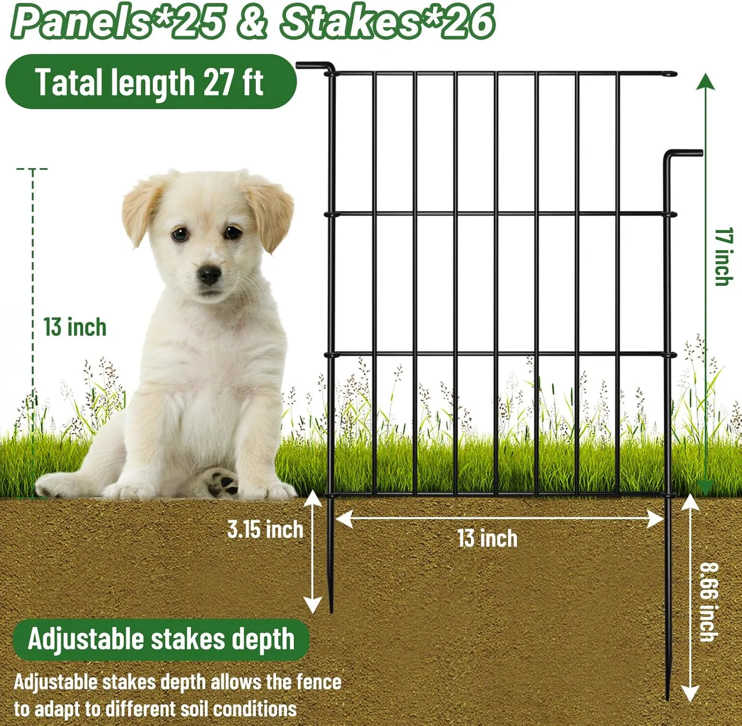 25 Panels Animal Barrier Fence - No Dig Rustproof Metal Garden Fencing, 17in H x 27ft L, Decorative Outdoor Fence for Rabbits Dogs, Durable Protection for Flower Beds and Patios