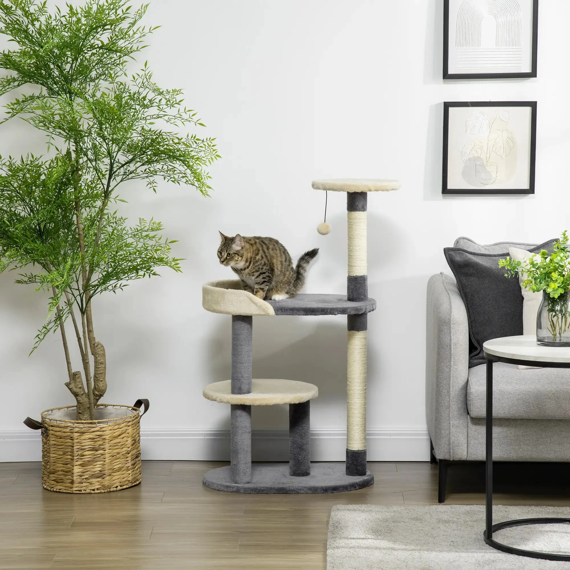 3-Tier Cat Tree with Sisal Posts and Height 105cm, Grey