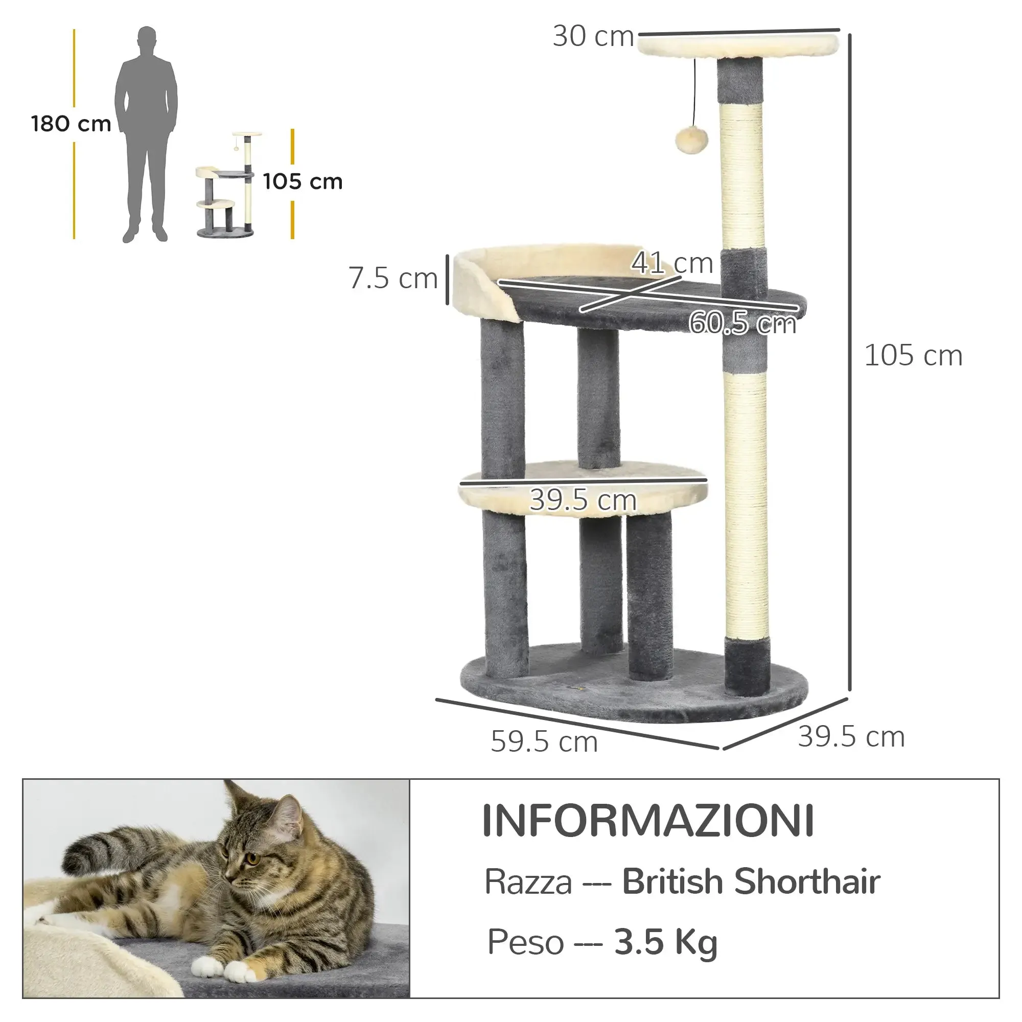 3-Tier Cat Tree with Sisal Posts and Height 105cm, Grey