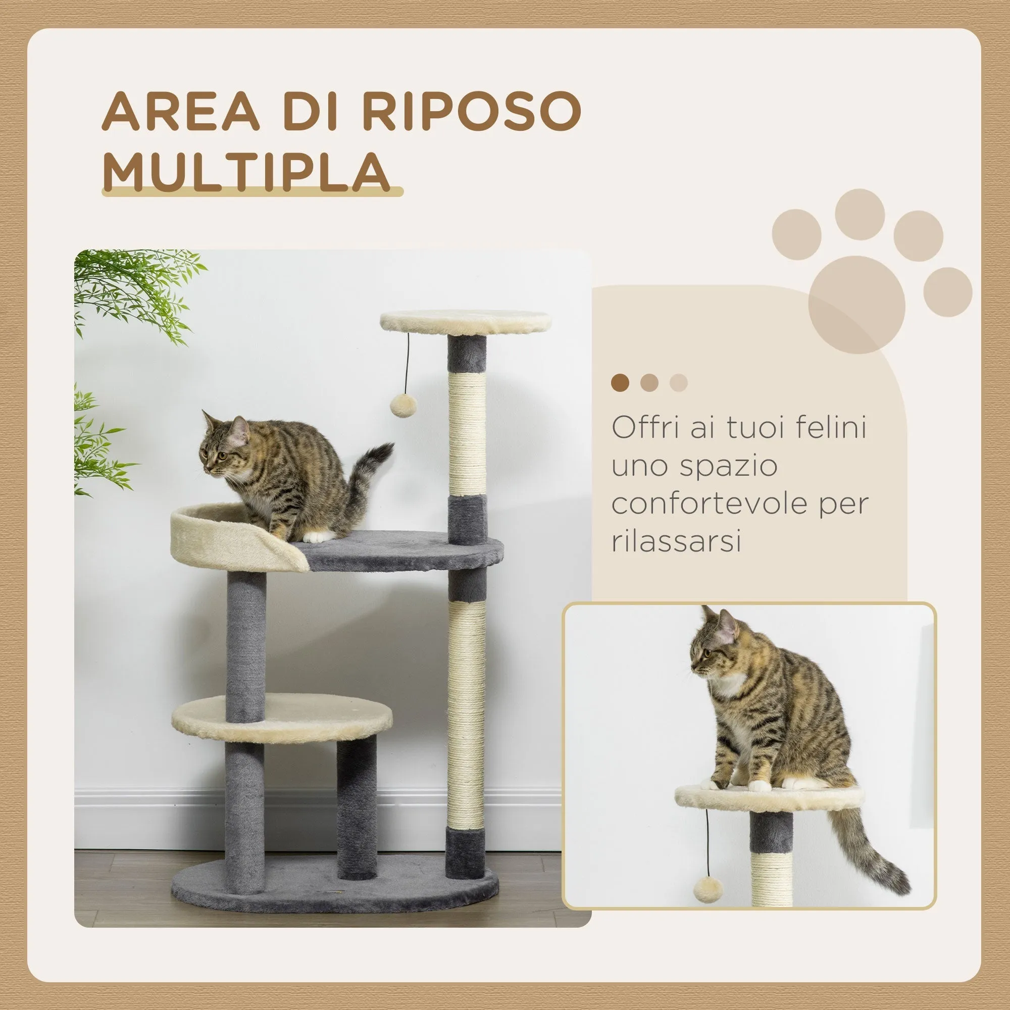3-Tier Cat Tree with Sisal Posts and Height 105cm, Grey