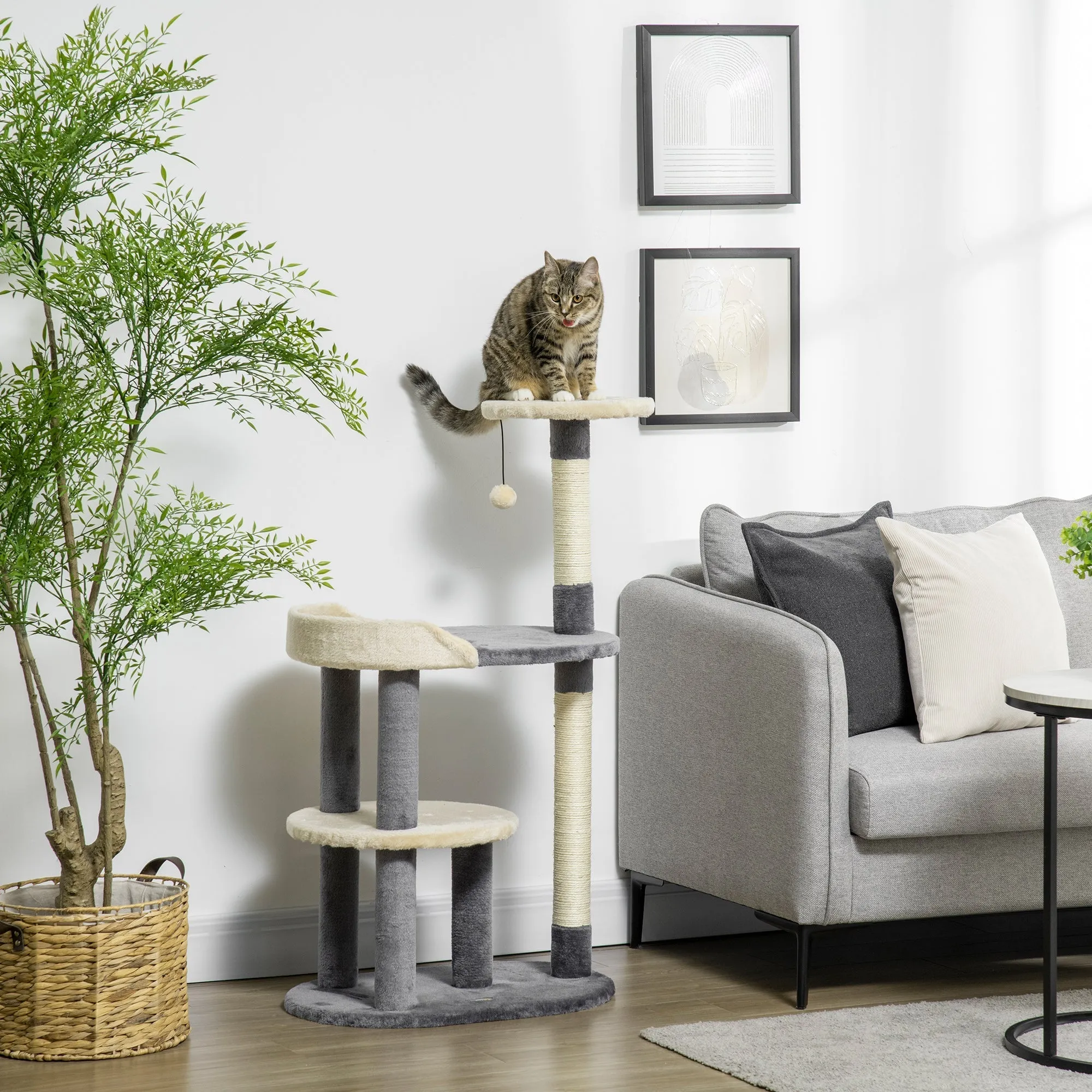 3-Tier Cat Tree with Sisal Posts and Height 105cm, Grey
