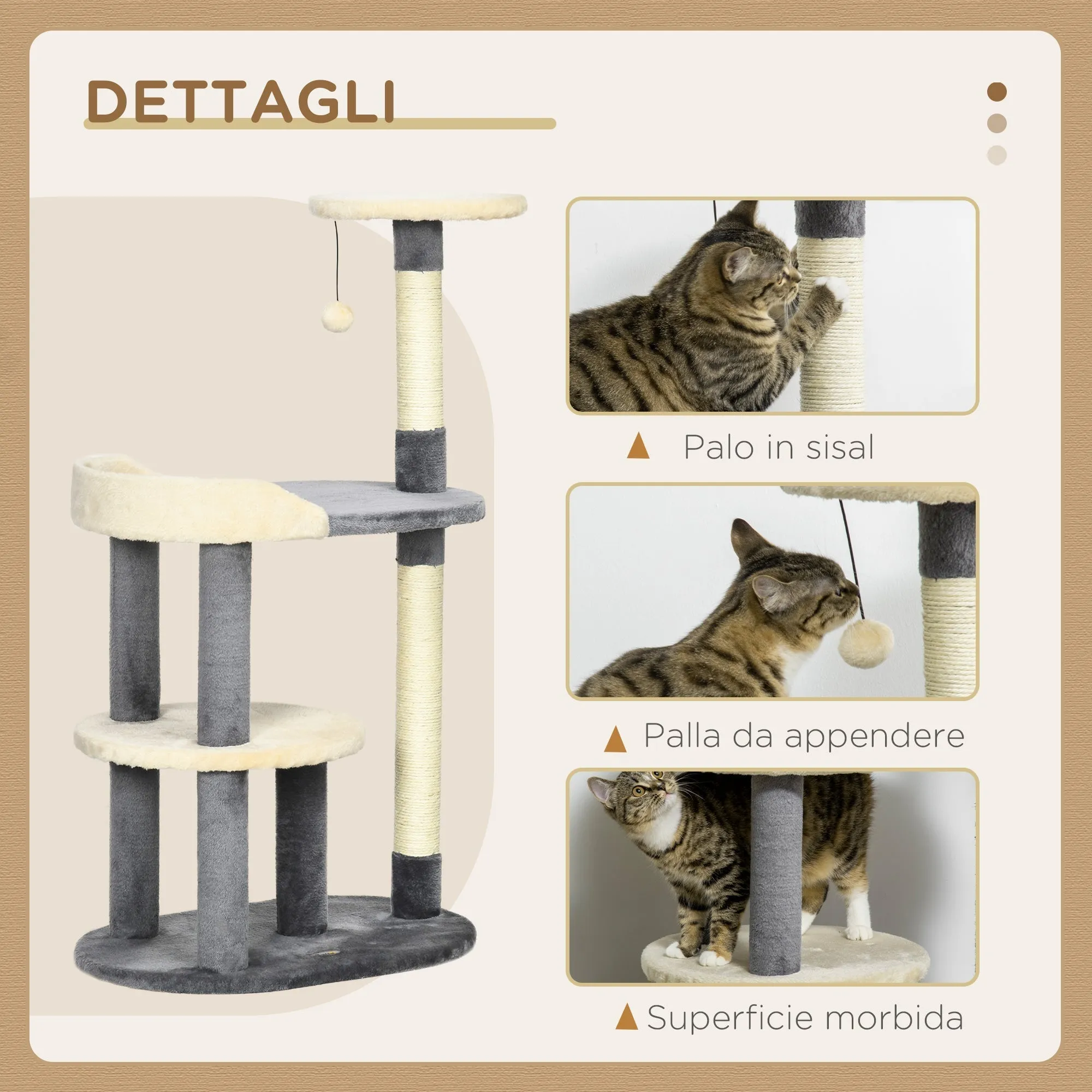 3-Tier Cat Tree with Sisal Posts and Height 105cm, Grey