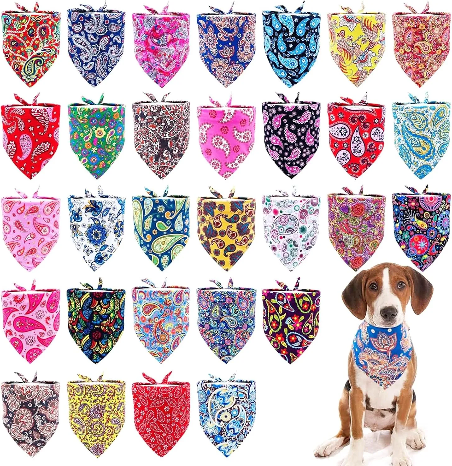 30 Pcs Paisley Bandanas for Dog Cats Polyester Print One Side Bandana Bulk for Small Middle Dogs Breed Reversible Triangle Bandana Girl Boy Grooming M