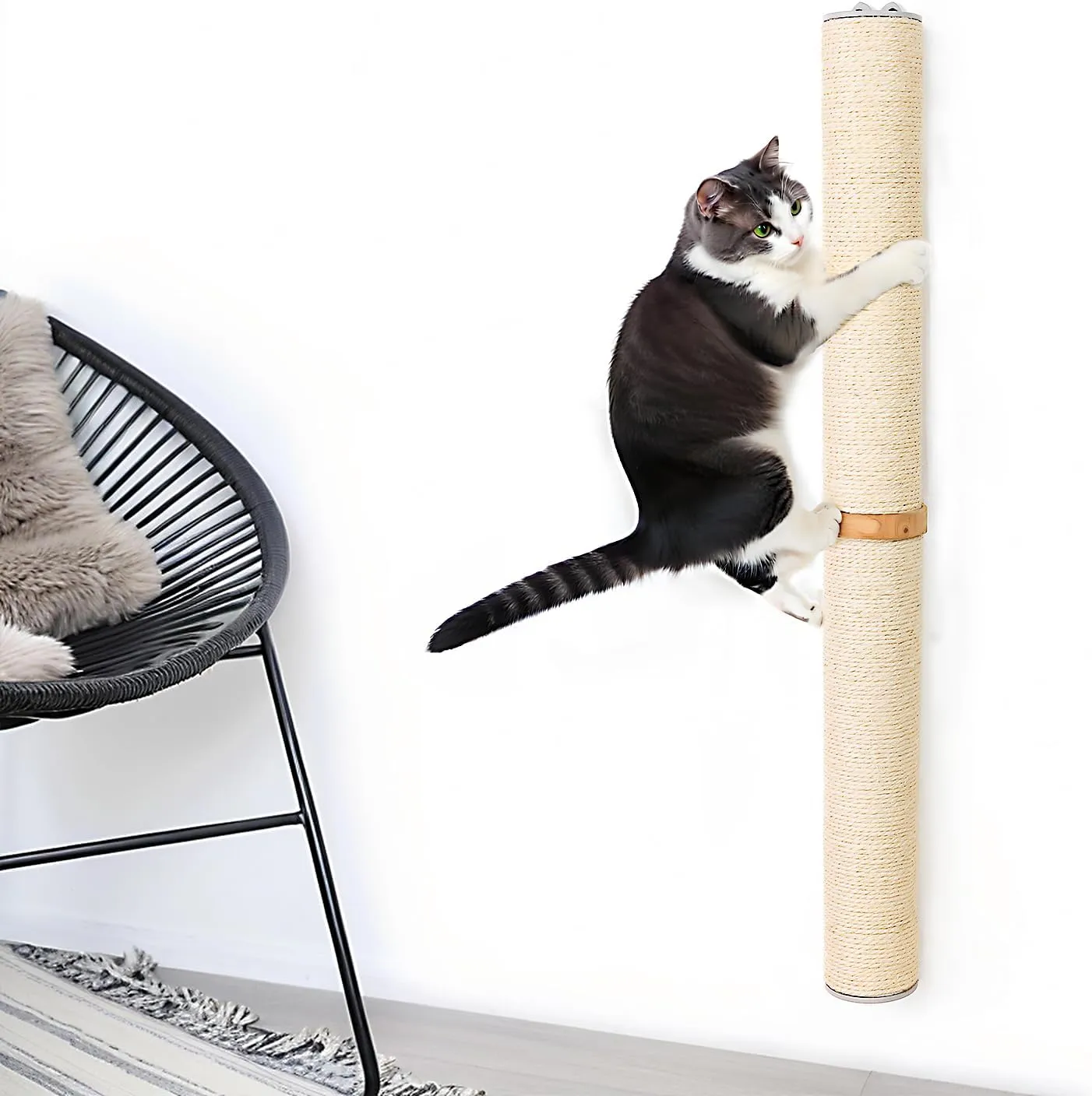 34'' Tall Sisal Rope Cat Scratching Post, Wall Mount 2 Ties Cat Pole - Vertical Cat Wall Scratcher, Cat Wall Furniture