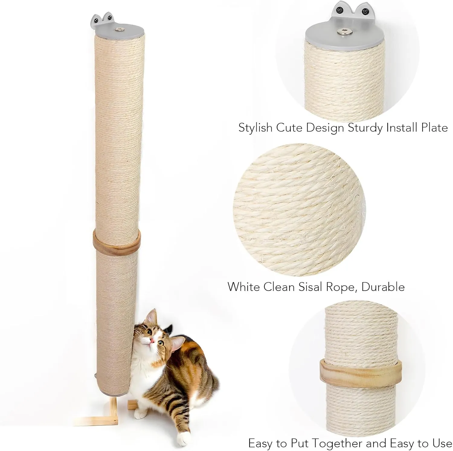34'' Tall Sisal Rope Cat Scratching Post, Wall Mount 2 Ties Cat Pole - Vertical Cat Wall Scratcher, Cat Wall Furniture
