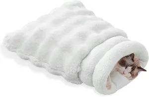 4 in 1 Cat Sleeping Bag Plush Self Warming Cat Bed Snuggle Bag Blanket Mat Cave (Small Cats Up to 15 lbs) White 21  17 Inch