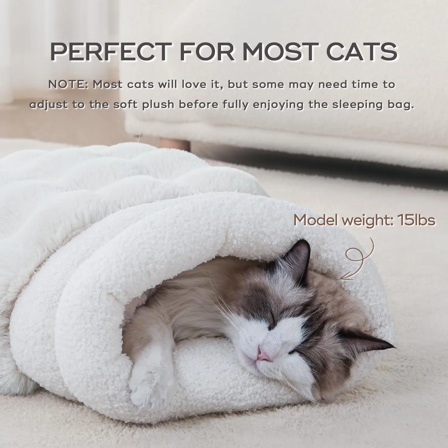 4 in 1 Cat Sleeping Bag Plush Self Warming Cat Bed Snuggle Bag Blanket Mat Cave (Small Cats Up to 15 lbs) White 21  17 Inch
