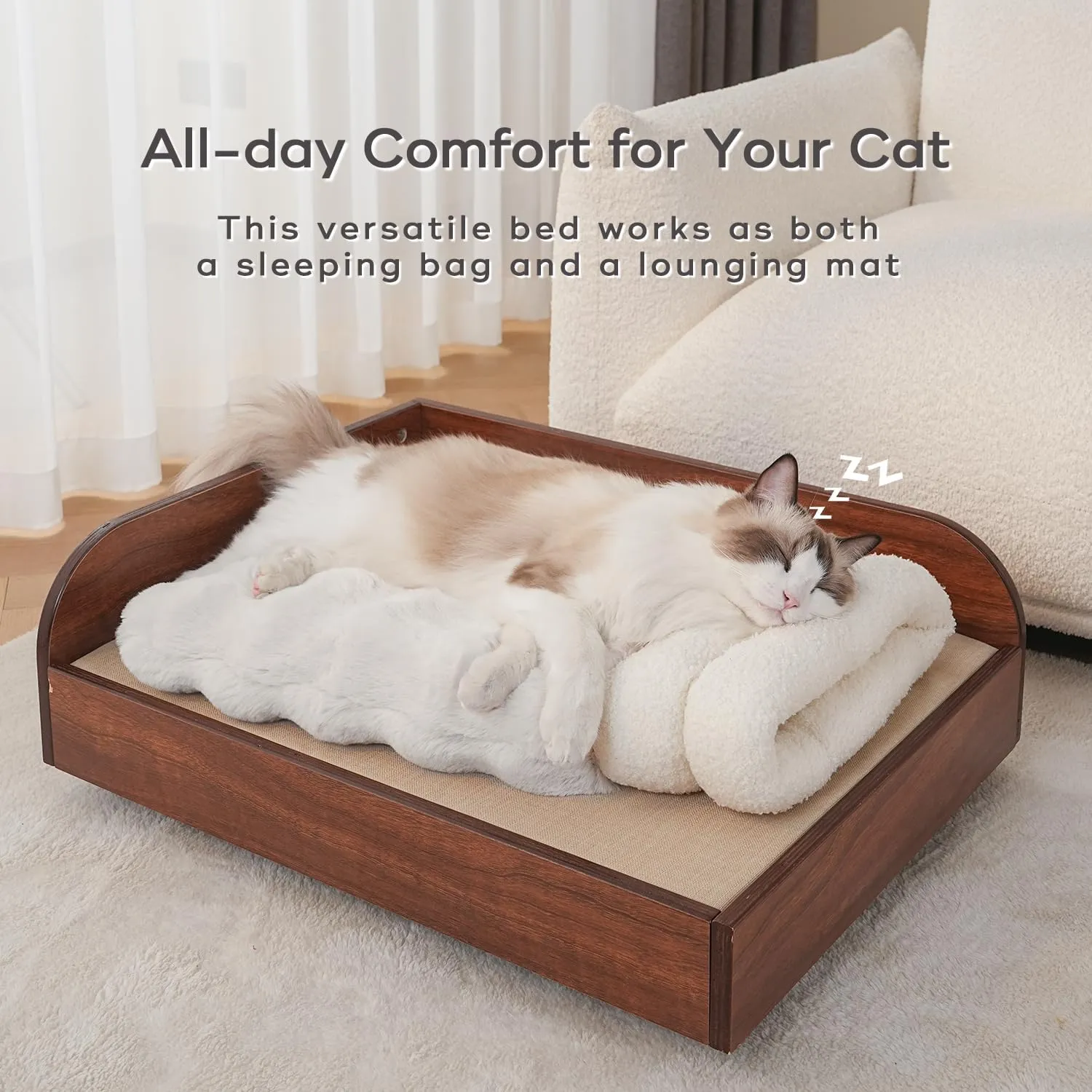 4 in 1 Cat Sleeping Bag Plush Self Warming Cat Bed Snuggle Bag Blanket Mat Cave (Small Cats Up to 15 lbs) White 21  17 Inch