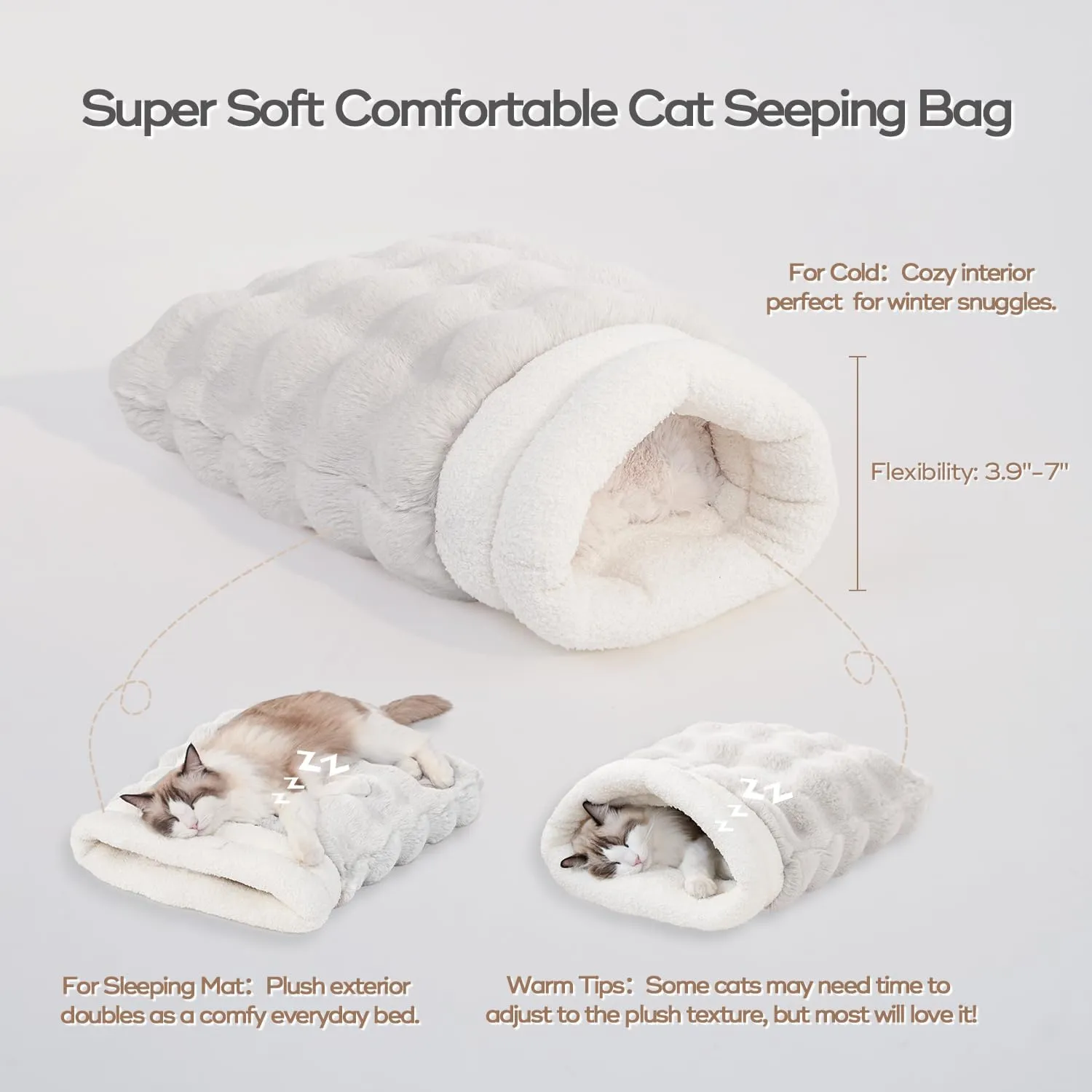 4 in 1 Cat Sleeping Bag Plush Self Warming Cat Bed Snuggle Bag Blanket Mat Cave (Small Cats Up to 15 lbs) White 21  17 Inch