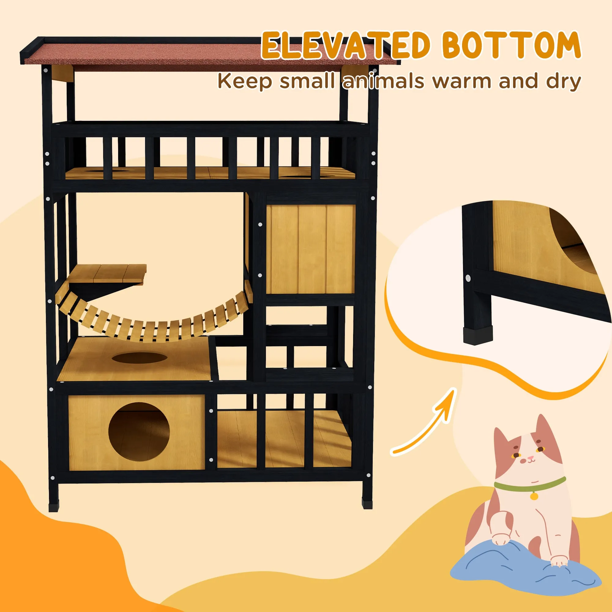 4-Tier Wooden Outdoor Cat House, 116H cm - Grey