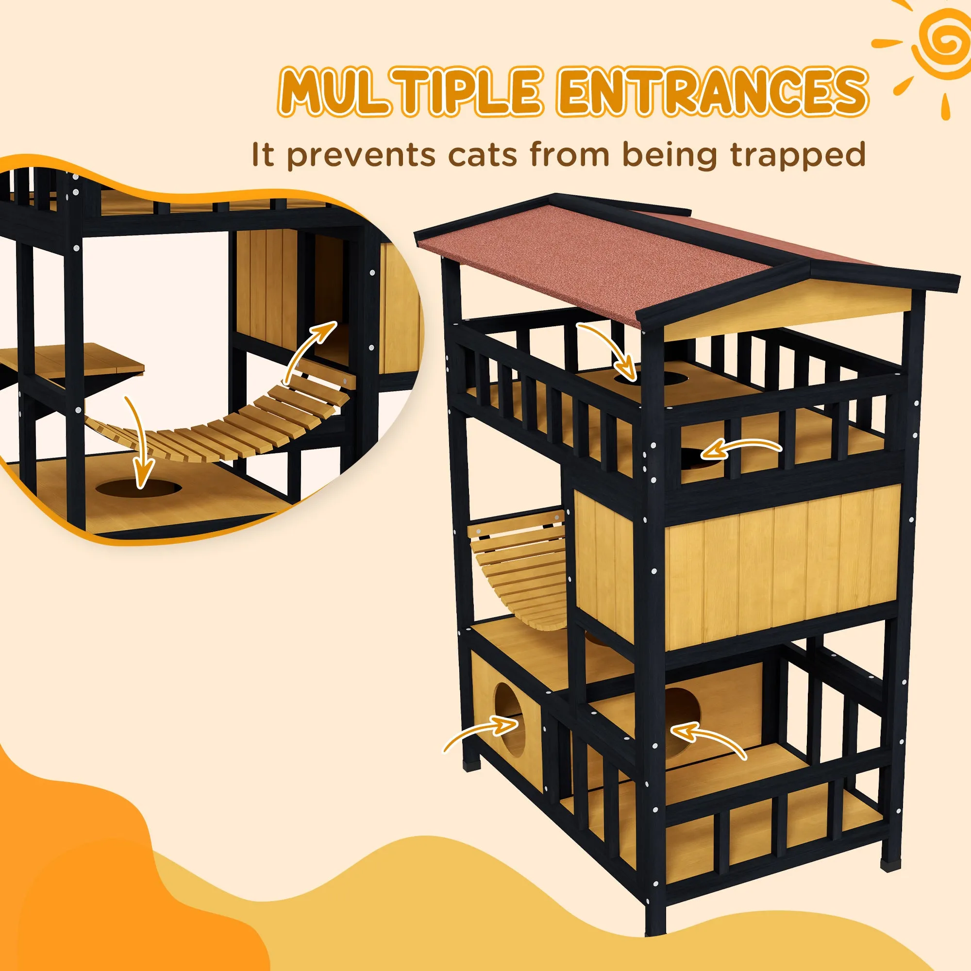 4-Tier Wooden Outdoor Cat House, 116H cm - Grey