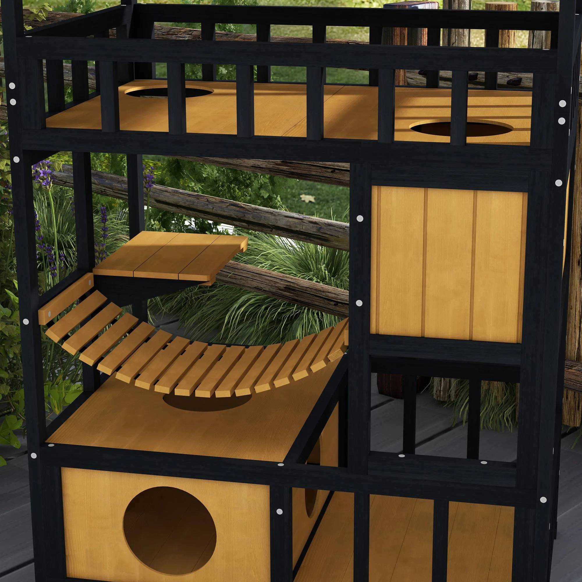 4-Tier Wooden Outdoor Cat House, 116H cm - Grey