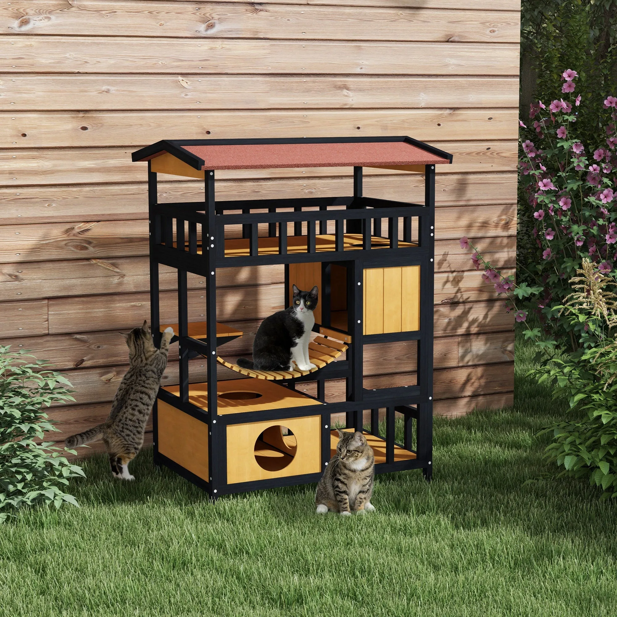 4-Tier Wooden Outdoor Cat House, 116H cm - Grey