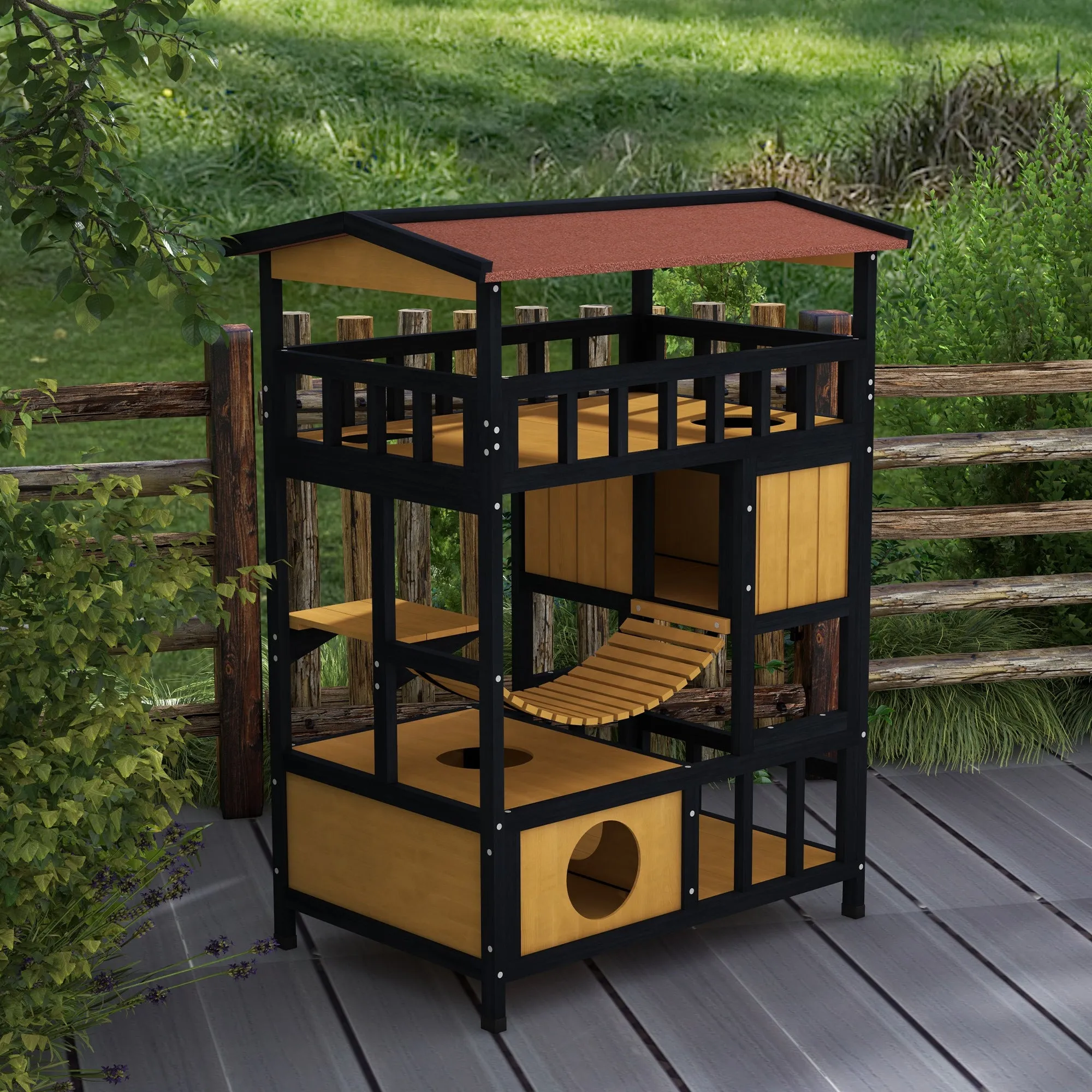 4-Tier Wooden Outdoor Cat House, 116H cm - Grey