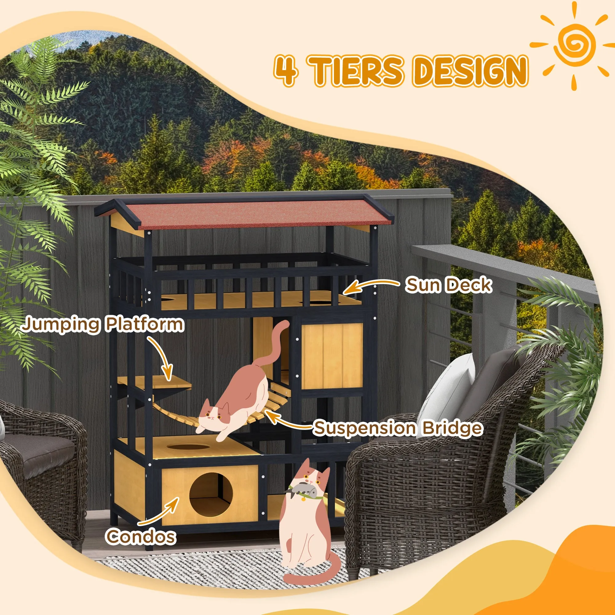 4-Tier Wooden Outdoor Cat House, 116H cm - Grey