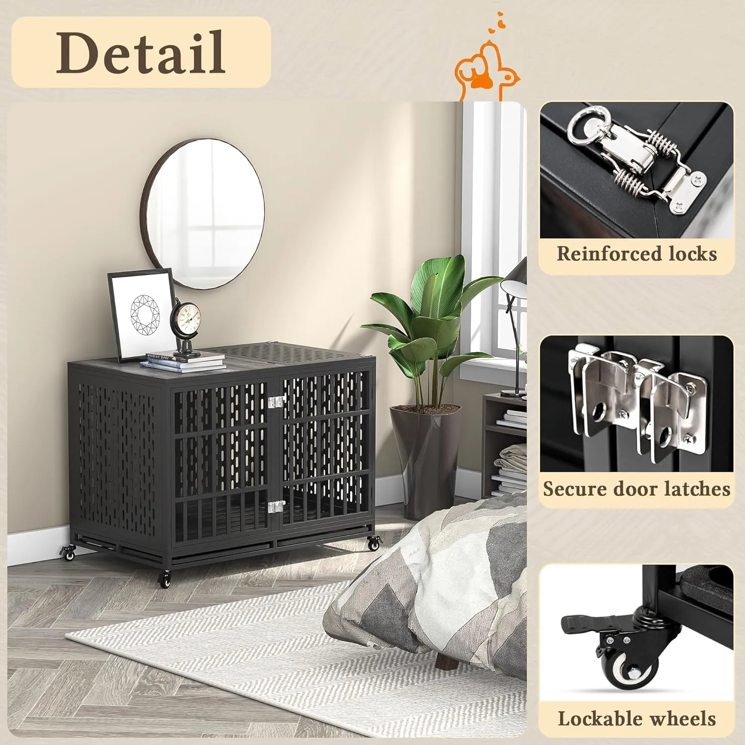 48inch Heavy Duty Dog Crate Compatible with Optional Divider, Extra Large Kennel for High Anxiety Dogs, Indestructible Pet Cage Indoor, Double Dog Crate for 2 Small Dogs