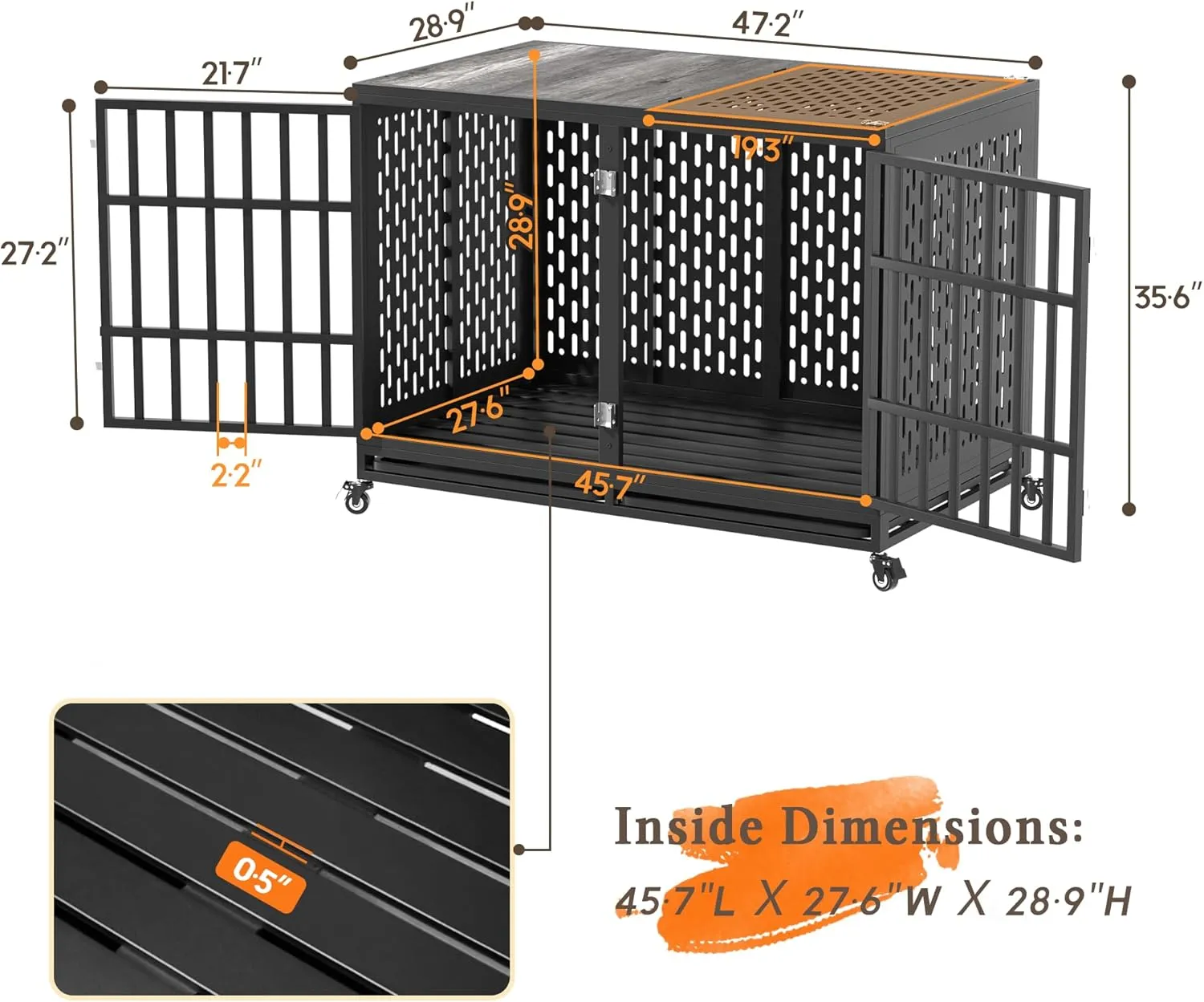 48inch Heavy Duty Dog Crate Compatible with Optional Divider, Extra Large Kennel for High Anxiety Dogs, Indestructible Pet Cage Indoor, Double Dog Crate for 2 Small Dogs