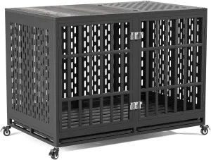48inch Heavy Duty Dog Crate Compatible with Optional Divider, Extra Large Kennel for High Anxiety Dogs, Indestructible Pet Cage Indoor, Double Dog Crate for 2 Small Dogs