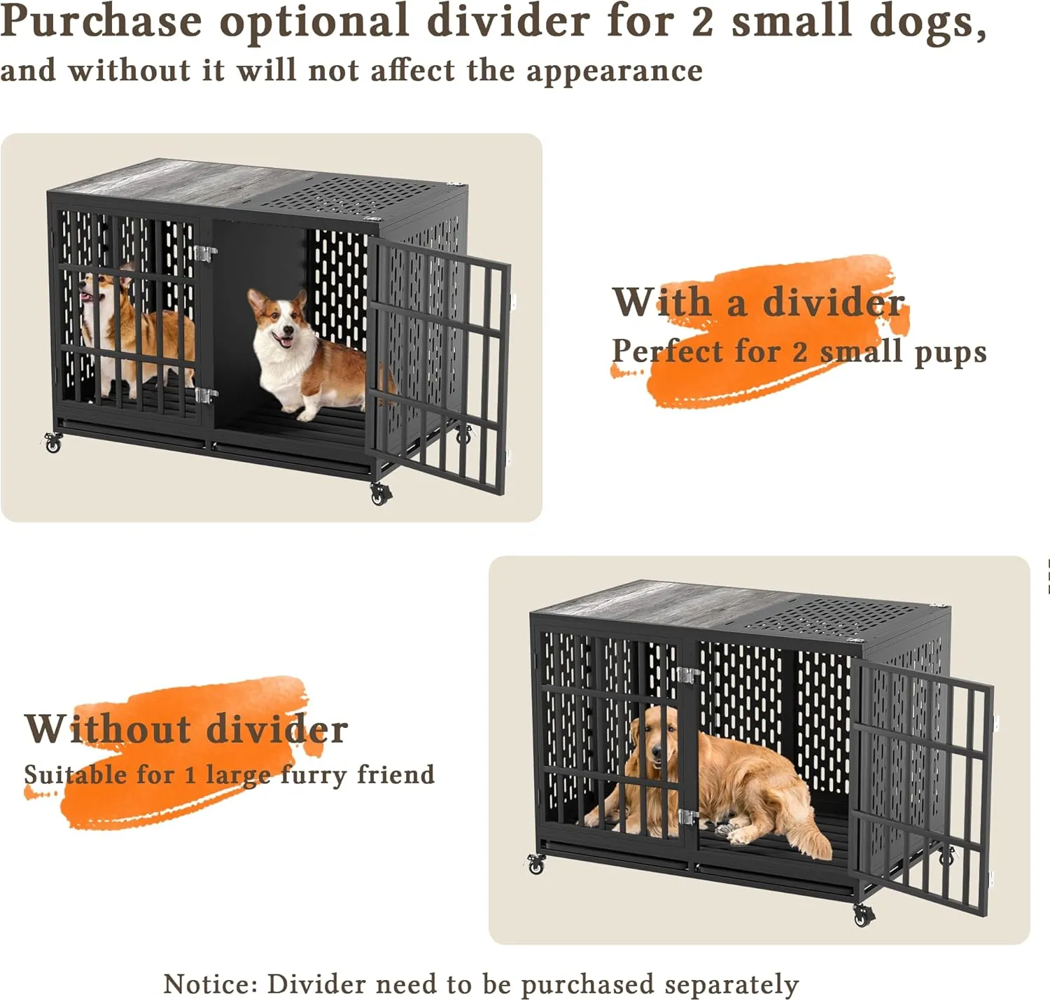 48inch Heavy Duty Dog Crate Compatible with Optional Divider, Extra Large Kennel for High Anxiety Dogs, Indestructible Pet Cage Indoor, Double Dog Crate for 2 Small Dogs