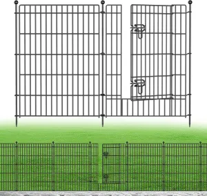 5 Panels No Dig Garden Fence with Gate, 34in(H)  11.25ft(L) Decorative Metal Outdoor Dog Fence, Rustproof Pet Fencing for Yard, Patio, Flower Bed -Temporary Fencing| Easy to Install