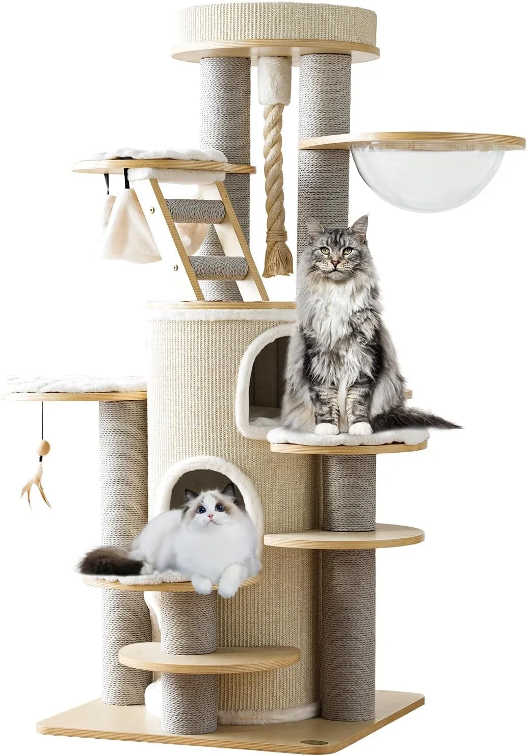 63'' Castle Large Cat Tree for Maine Coon,Modern Solid Wood Cat Tower for Indoor Cats Adults,Multi-Level Heavy Duty Luxury Cat Condo with Sisal House Scratching Post,Perch,Cushion,Hammock(63inch)