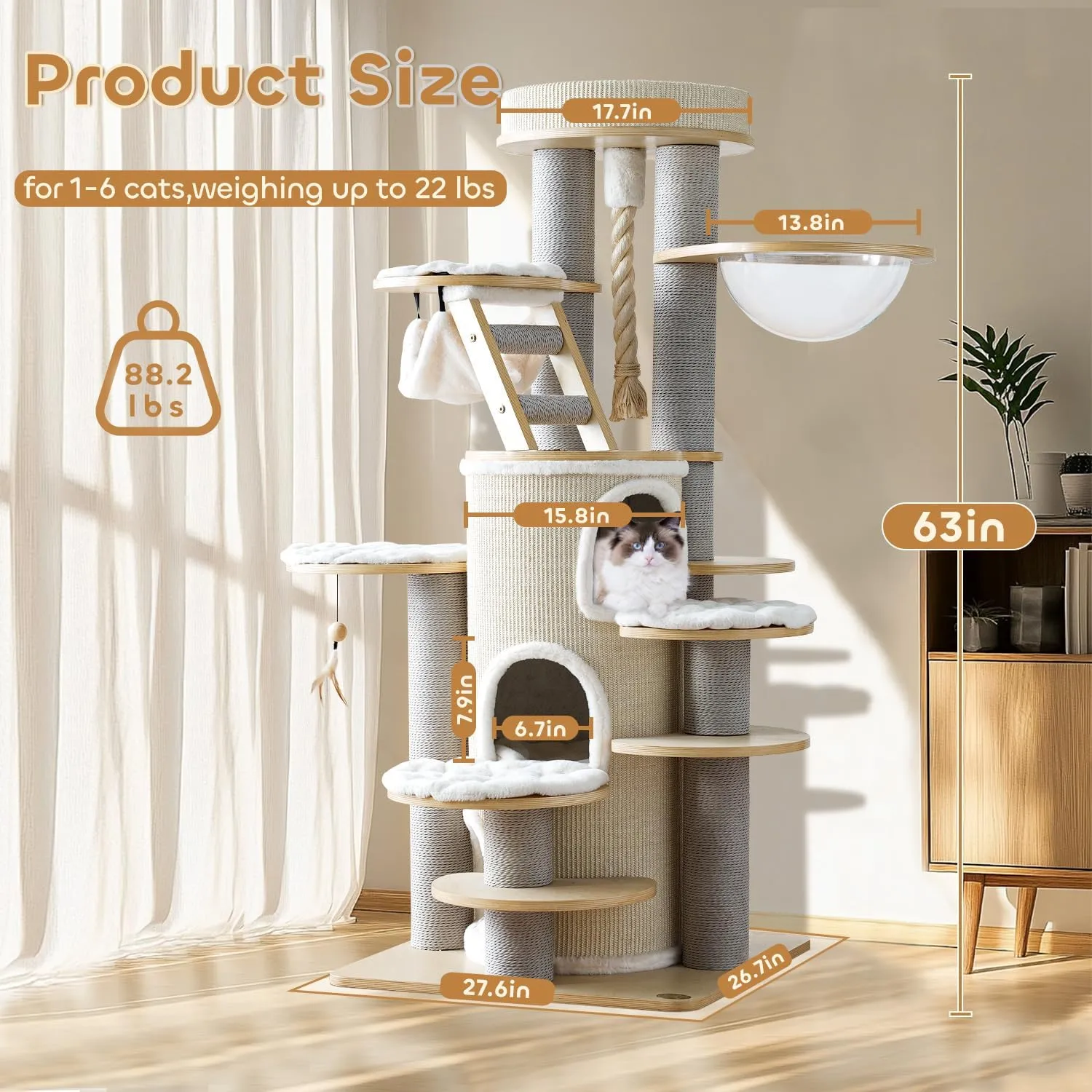 63'' Castle Large Cat Tree for Maine Coon,Modern Solid Wood Cat Tower for Indoor Cats Adults,Multi-Level Heavy Duty Luxury Cat Condo with Sisal House Scratching Post,Perch,Cushion,Hammock(63inch)