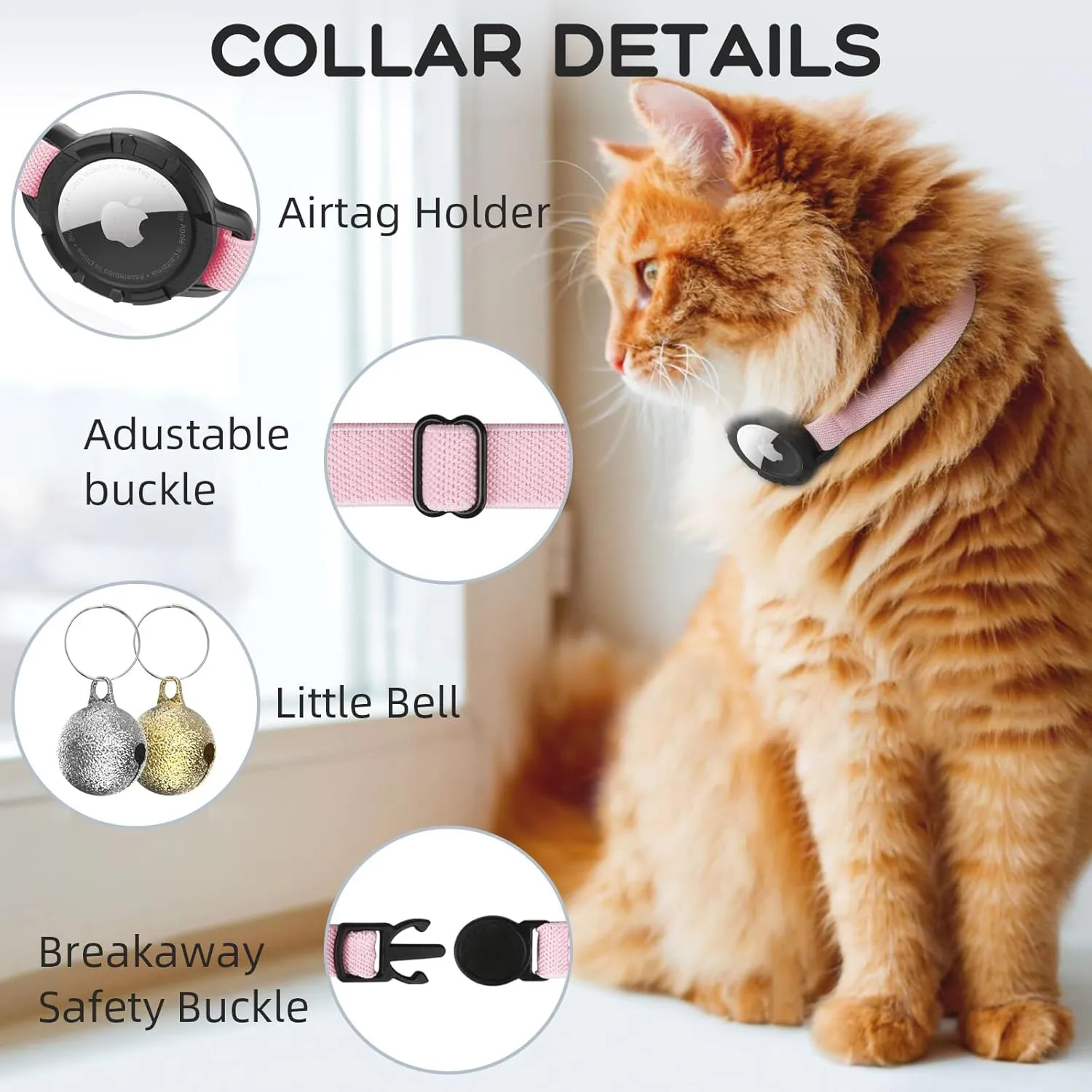 AirTag Cat Collar, Sucegi Stretchy Kitten Collar with Apple Air Tag Holder and Bell, Breakaway Design Ultra Elastic GPS Tracking Cat Collars for Cats and Puppies, (7.5-12.5 Inch), Pink