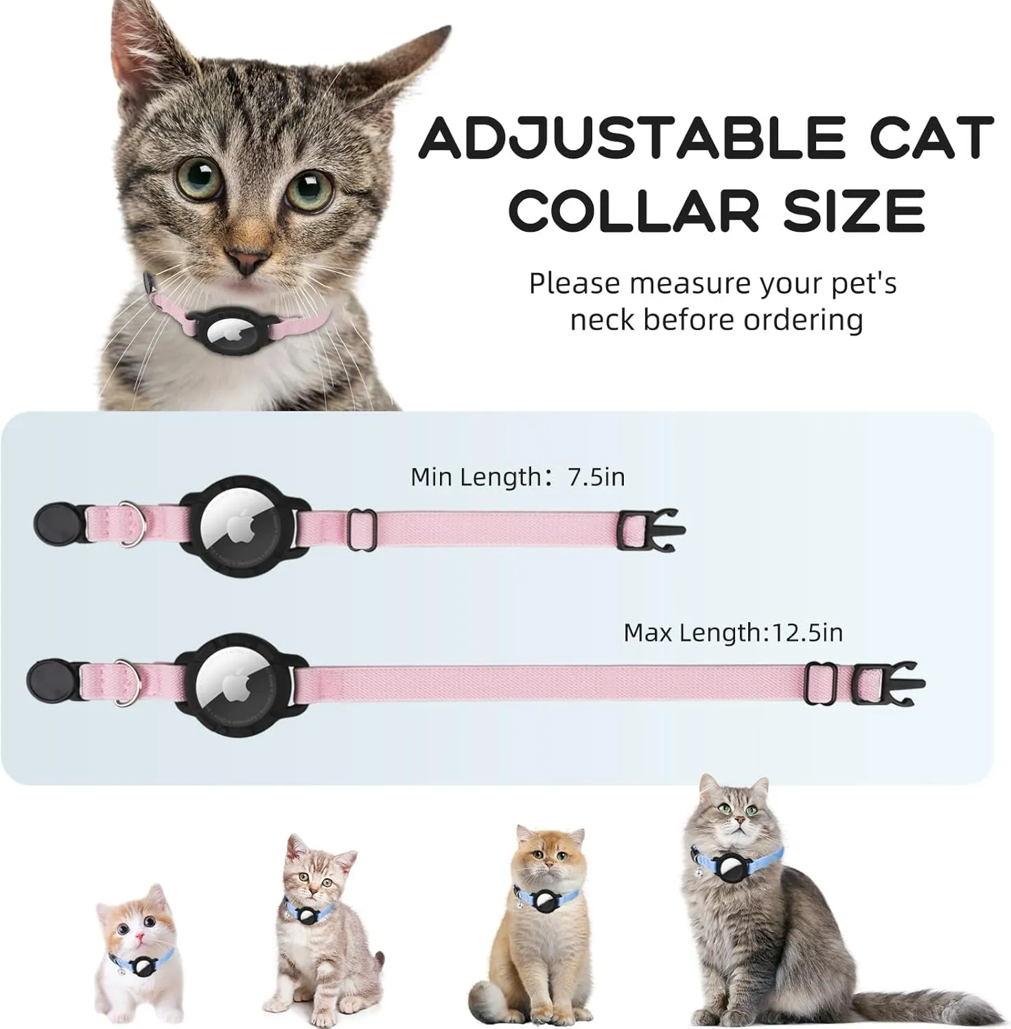 AirTag Cat Collar, Sucegi Stretchy Kitten Collar with Apple Air Tag Holder and Bell, Breakaway Design Ultra Elastic GPS Tracking Cat Collars for Cats and Puppies, (7.5-12.5 Inch), Pink