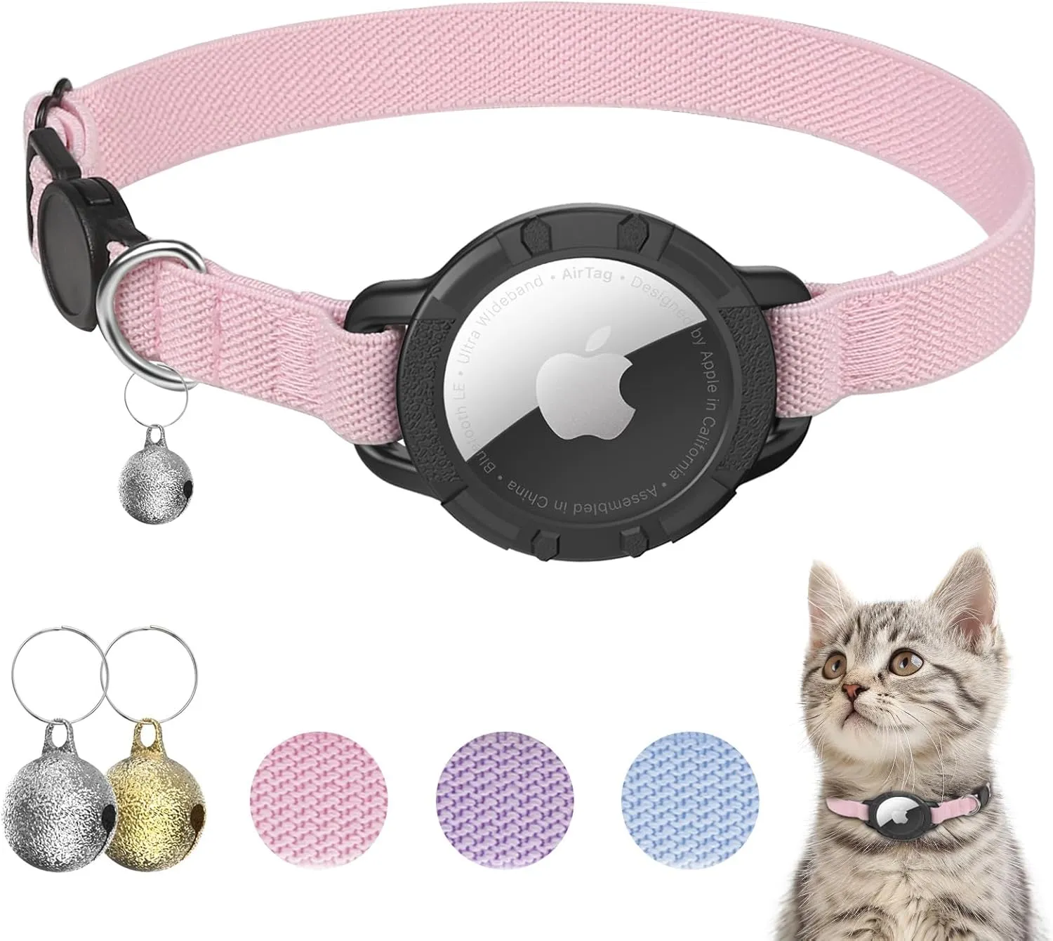 AirTag Cat Collar, Sucegi Stretchy Kitten Collar with Apple Air Tag Holder and Bell, Breakaway Design Ultra Elastic GPS Tracking Cat Collars for Cats and Puppies, (7.5-12.5 Inch), Pink