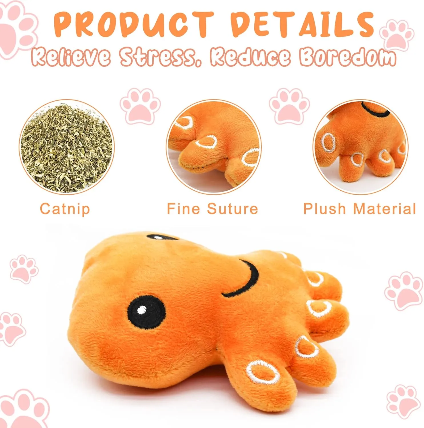 Andiker Cat Catnip Toys, Cat Interactive Toys for Indoor Cats, Soft Plush Cat Chew Toys with Crinkle Paper for Relieve Stress, Reduce Boredom, Teething (Orange)