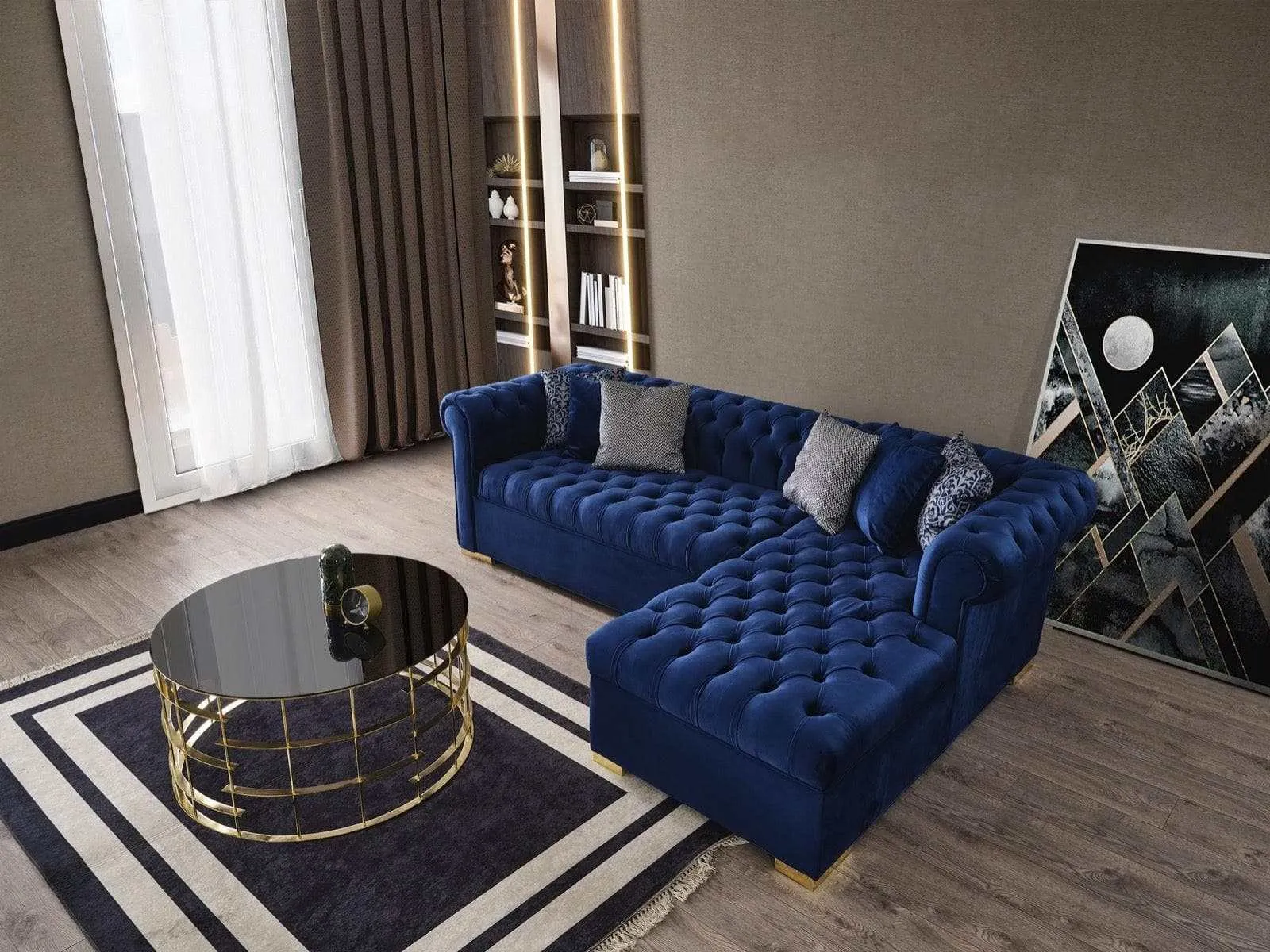Audrey Blue Velvet RAF Chaise L Shape Sectional Sofa