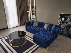 Audrey Blue Velvet RAF Chaise L Shape Sectional Sofa