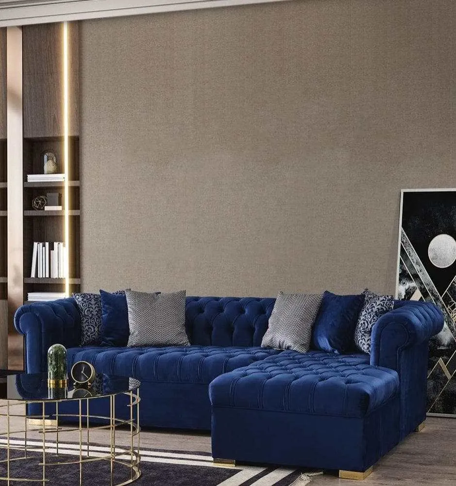 Audrey Blue Velvet RAF Chaise L Shape Sectional Sofa