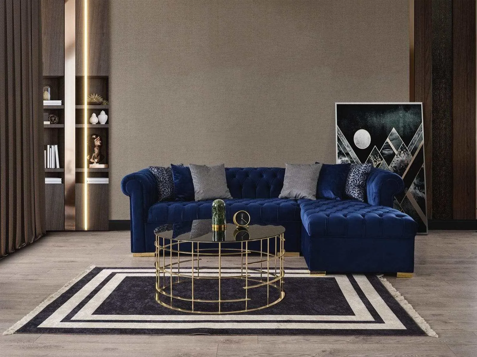 Audrey Blue Velvet RAF Chaise L Shape Sectional Sofa