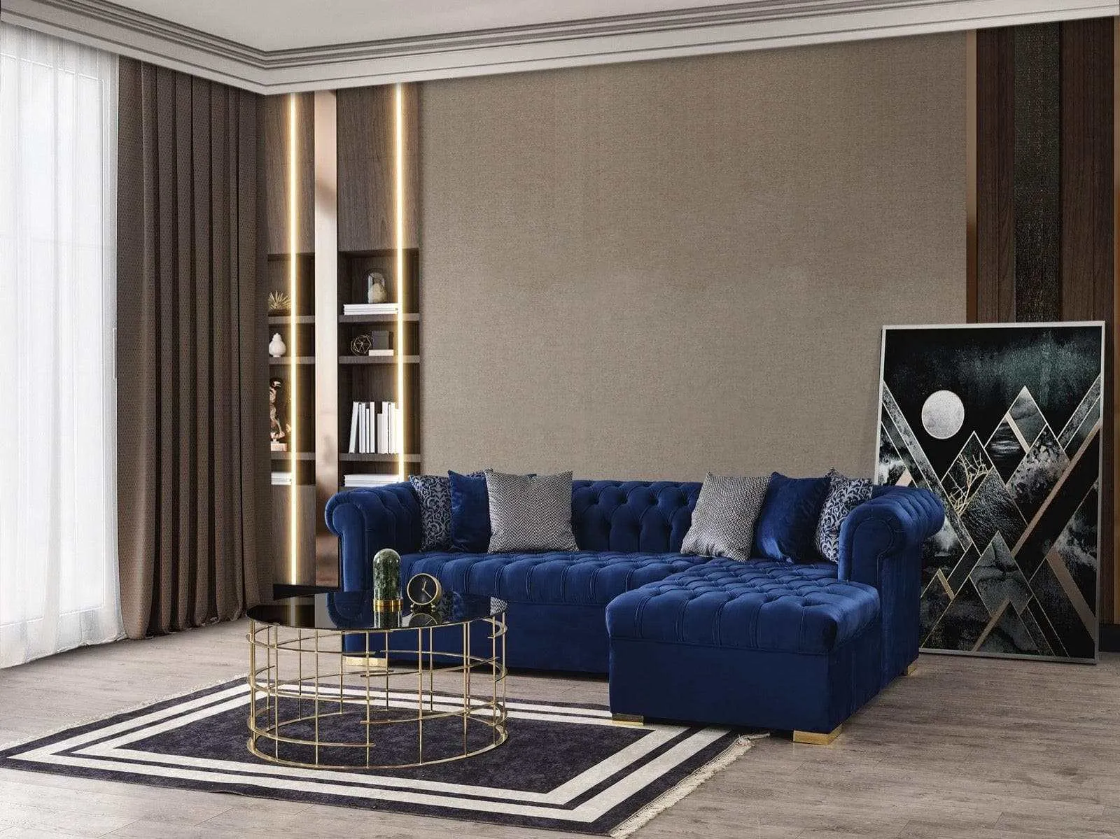 Audrey Blue Velvet RAF Chaise L Shape Sectional Sofa