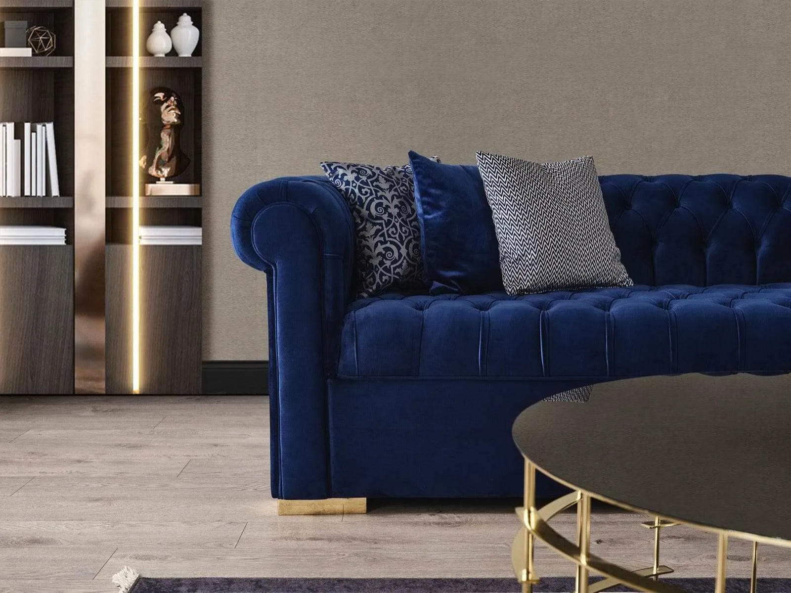 Audrey Blue Velvet RAF Chaise L Shape Sectional Sofa
