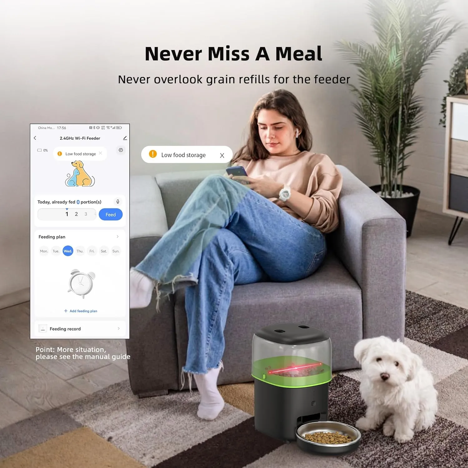 Automatic Cat Feeder, 2L Cat Food Dispenser, 5G/2.4G WiFi Cat Food Dispenser with APP Remote Feeding, Dual Power Supply, Programmable Portion Size, Auto Pet Feeder for Cats and Small Dogs