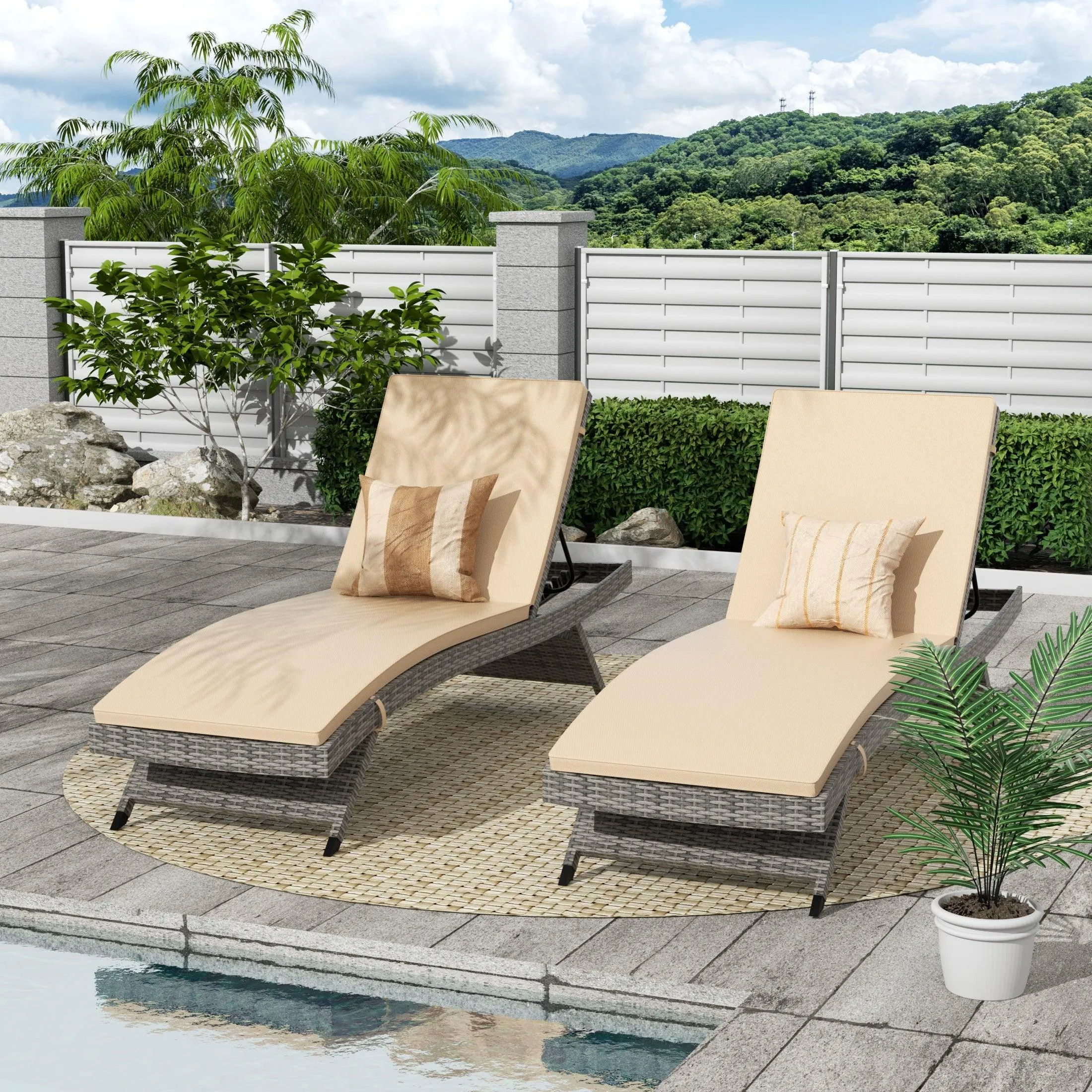 Bahama Gray Rattan Wicker Outdoor Chaise Lounges with Cushion Included (Set of 2)
