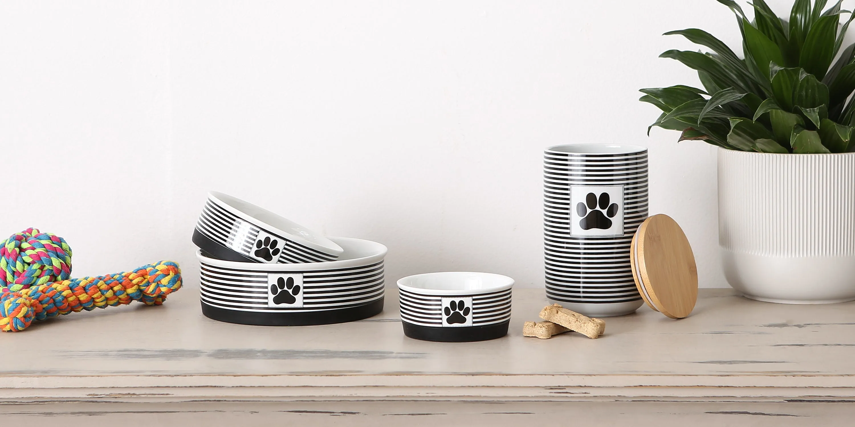Black Striped Paw Patch Pet Bowl Set of 2, Medium - 1.5 C. Capacity