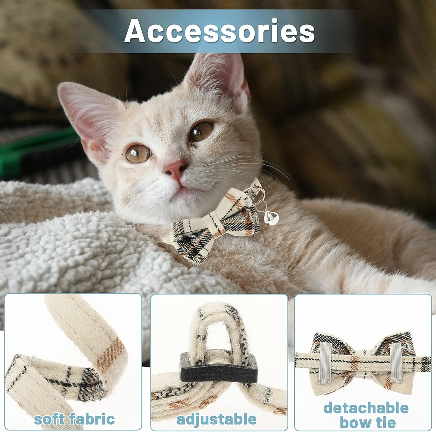 Breakaway Cat Collars - Bow Tie Cute Cat Collar with Bells for Girl Boy Cats, Puppy - Plaid Soft Adjustable Pet Collars Cat Accessories