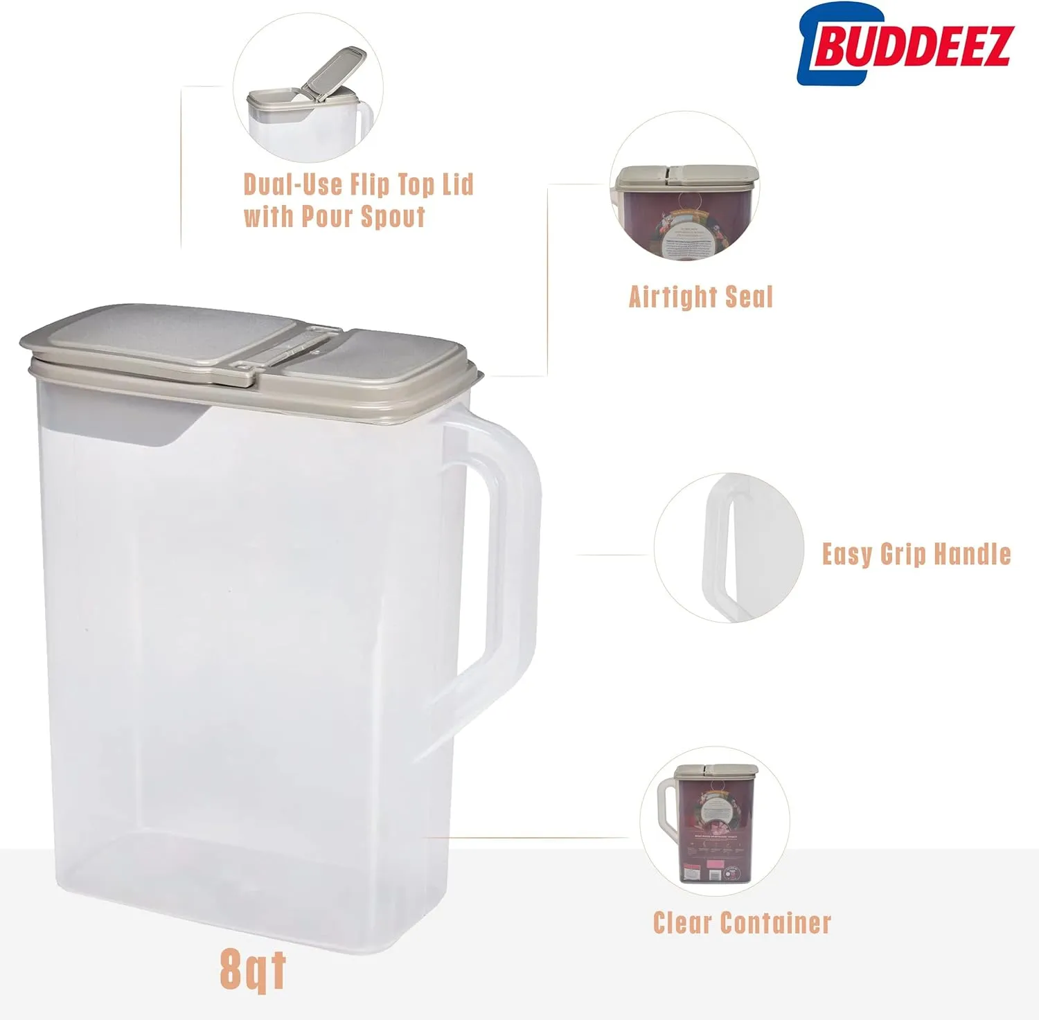 Buddeez Pet Food Storage Container - 8 Quart Capacity Bird Seed Container & Dog Food Storage, with Durable EZ Grip Handle and EZ Flip Lid with Pour Spout