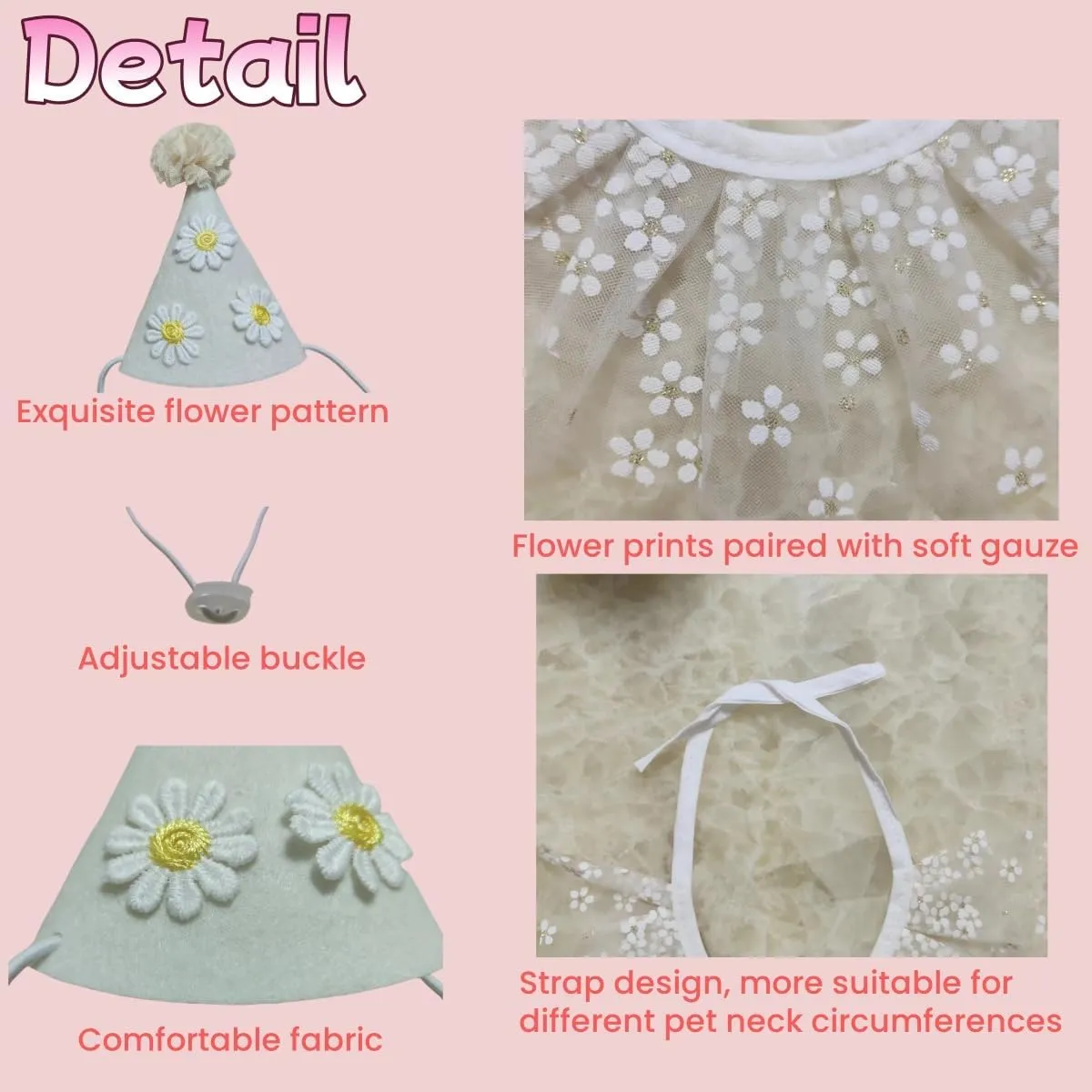 Cat Birthday Party Supplies Birthday Hat with Bib Bandana Set for Small Dogs Princess Costume Decoration Outfit for Pets Kitten(White Flower)