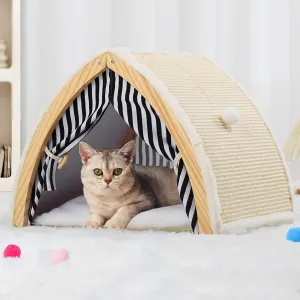 Cat House, Cat Beds for Indoor Cats, Cat Scratchers with Sisal Scratching Board, Cat Scratcher Bed with Fluffy Ball Hanging, Cat Condo 20x16x16 inches