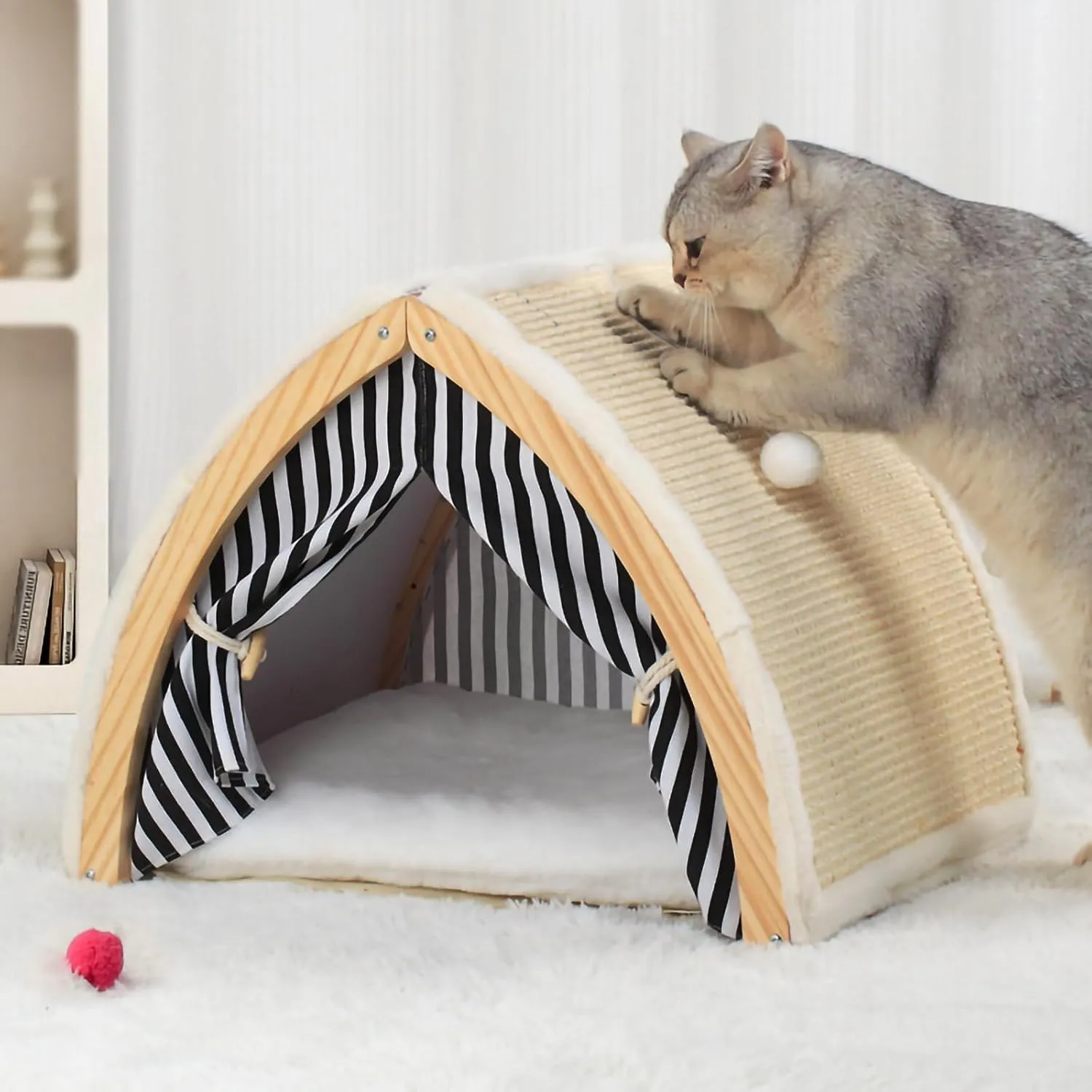 Cat House, Cat Beds for Indoor Cats, Cat Scratchers with Sisal Scratching Board, Cat Scratcher Bed with Fluffy Ball Hanging, Cat Condo 20x16x16 inches